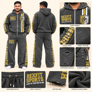 Conjunto Deportivo Rexfit 2026 Personalizado para Hombre, Gris Carbón, Sudadera con Capucha y Cremallera con Gráficos Amarillos y Pantalones Anchos de Estilo Hip Hop - Product Image 1