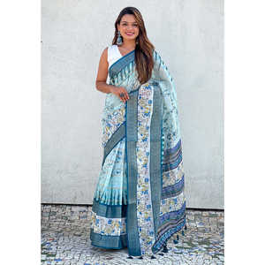 ผ้าไหมชานเดรีพิมพ์ลายดอกไม้สำหรับงานกลางคืน ยี่ห้ออีลิท วีฟส์ สกาย พร้อมขอบผ้าปักลายแจ็คการ์ด น้ำหนัก 600 กรัม - Product Image 1