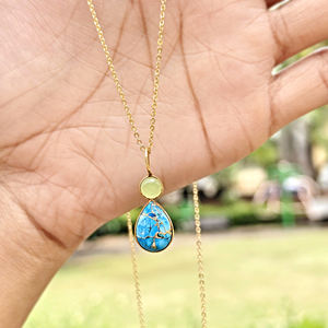 Hypoallergenic necklace prehnite chalcedony <b>with</b> mohave blue copper turquoise bezel set pendant 18k gold plated brass necklace - Product Image 4