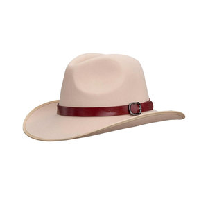 Beige Wool Fedora <b>Hat</b> With Red Leather Band Unisex Outdoor Spring Autumn Casual Adult 56-58CM - Product Image 1