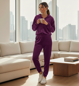 Conjunto de Ropa Deportiva para Mujer Otoño 2025, Chándal Casual de Terciopelo con Top Corto de Manga Larga con Cierre y Pantalones Acampanados a Rayas - Product Image 2