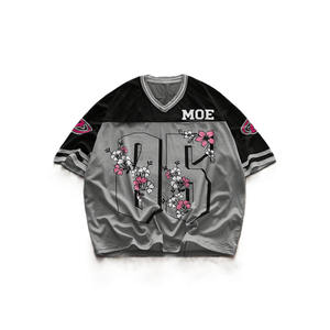 Camiseta de fútbol americano para mujer con estampado floral, malla, cuello en V oversize, estilo urbano, top de poliéster, producción de marca privada - Product Image 2
