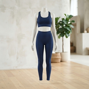 <b>Women</b> <b>Navy</b> Blue Ribbed Yoga Set High Waist <b>Leggings</b> Sports Bra Gym Fitness Workout Activewear Two Piece Set - Product Image 1
