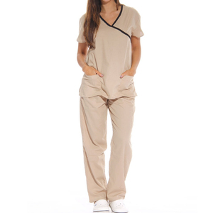 Ensemble de Blouse et Pantalon Tendance 2026 pour Femme, Col en V, Manches Courtes, Uniforme Médical Beige en Tissu Tissé Coton-Polyester - Product Image 1