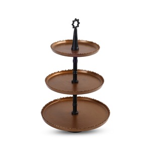 Stunning Three-Tiered Bronze <b>Cake</b> <b>Stand</b> Featuring Scalloped Edge Trays Black Central Rod & A Unique Star Top Handle for Serving - Product Image 3