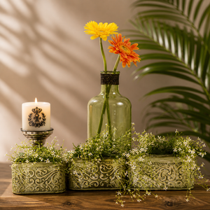 Decorative Glass Flower <b>Vase</b> <b>Set</b> with Metal Planter Base Elegant Green Finish Durable Home Table Centerpiece Decor - Product Image 1