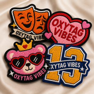Ensemble de patchs brodés en chenille Oxytag Vibes avec motifs de masques de théâtre, cœur, ours et numéro 13, prix abordable, vente en gros OEM - Product Image 1