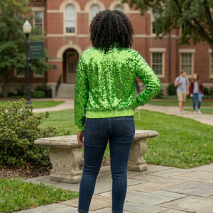 Cosh International New Arrival Custom <b>Green</b> <b>Sequin</b> Varsity Sisterhood Bomber <b>Jacket</b> Windproof Sorority Satin Greek Apparel - Product Image 5