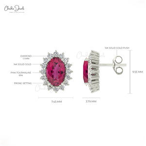 Nouveauté : Boucles d'oreilles clous en or massif 14 carats avec tourmaline rose et halo de diamants 0,22 carats au total, fermoir poussoir, bijoux fins pour femme, vente en gros - Product Image 5