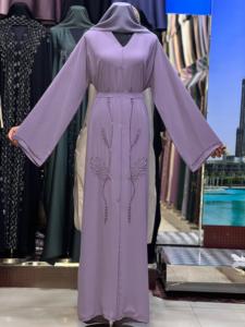 2026 Lavender V Neck Long Sleeve Floor Length Breathable Modest Abaya Embroidery Women's Traditional Muslim Wedding Daily Wear - Product Image 2