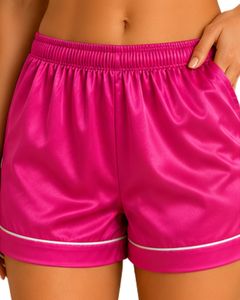 Ensemble de pyjama en satin rose vif personnalisé pour femmes, vêtements de nuit en soie de luxe, poche brodée, ensemble de détente à manches courtes et doux - Product Image 6