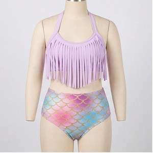 Ensemble bikini 2 pièces pour femme, haut court dos nu à pampilles et bas taille haute imprimé écailles de sirène, maillot de bain dégradé - Product Image 1
