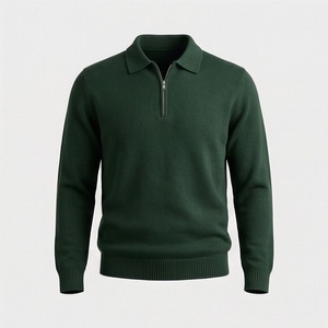 Polo en tricot à manches longues vert foncé pour homme avec fermeture éclair, design uni décontracté, coupe classique - Product Image 1