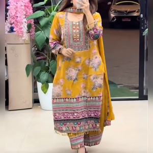 ชุดสัลวาร์ คามีซสำเร็จรูป 3 ชิ้น ผ้ามัสลินโพลีเอสเตอร์ พิมพ์ลายดอกไม้สีสันสดใส พร้อมกางเกงปาลาซโซ่แบบหรูหรา และผ้าคลุมไหล่ - Product Image 1