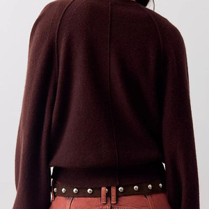 Custom Logo Women's Henley Neck Long Sleeve Knitted <b>Cardigan</b> Solid <b>Burgundy</b> Color Button Closure Casual Autumn Knitted Sweaters - Product Image 2