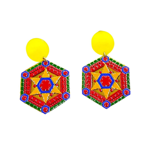 Orecchini geometrici colorati dipinti a mano con borchie gialle per donna, set di gioielli alla moda da 12 pezzi - Product Image 1