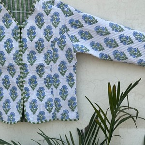 Blazer à imprimé floral pour femmes, col en V, manches trois quarts, veste en coton tissé, vêtements d'extérieur - Product Image 2