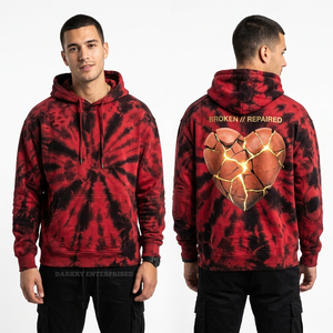 Sudadera con Capucha Tie Dye para Hombre, Roja y Negra, con Lavado Espiral, Estilo Desgastado, Estampado Gráfico de Corazón Roto Personalizado, Sudadera Urbana - Product Image 1