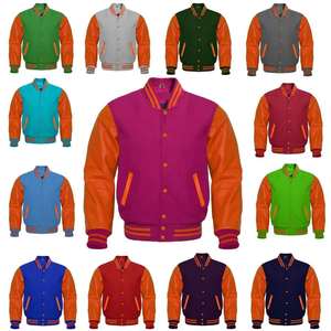 Veste universitaire de baseball en toile verte avec manches en cuir véritable orange, coupe-vent, pour l'hiver, style universitaire - Product Image 2