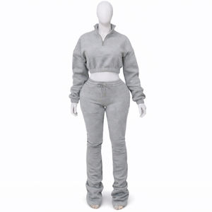 ชุดเซ็ทสองชิ้นแบบเต็มตัว ชุดกีฬาผู้หญิงแบบสองชิ้น ชุดลำลอง เสื้อครอปแขนยาวแบบมีซิป และกางเกงเลกกิ้งเอวสูง - Product Image 4