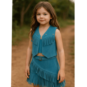 Ensemble coordonné pour filles, couleur turquoise, avec détails frangés, sans manches, et jupe ceinturée - Product Image 5