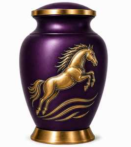 Urna Funeraria Ecológica y Duradera de Estilo Americano con Grabado de Caballo Morado y Negro y Banda Dorada para Guardar Cenizas Humanas - Product Image 4