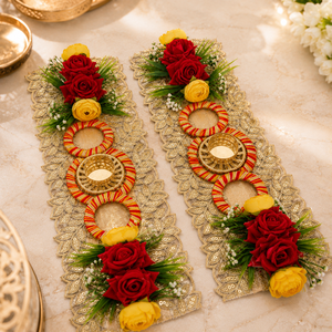 Pink Lotus Floral Diya Decoration Pair Handmade Gold Patti Pearl Wedding <b>Mandir</b> Pooja Festival Home Decor Gift Item - Product Image 3