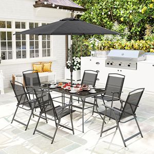 Set da 8 Pezzi per Arredamento da Esterno: Tavolo Rettangolare Nero con Ombrellone, 6 Sedie Pieghevoli e Seduta in Rete - Product Image 2