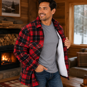 Wholesale New Custom Denim <b>Mens</b> Red Black Plaid Sherpa Lined Winter <b>Jacket</b> Zip Front Casual <b>Warm</b> Flannel Dyed Breathable Custom - Product Image 3