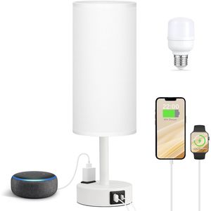 Lampada da Comodino Bianca Opaca Dimmerabile a 3 Modalità con Porte di Ricarica USB-C e Presa AC, Piccola Lampada da Scrivania con Design a Fiamma - Product Image 1