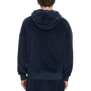 Men's Navy <b>Velvet</b> Hooded Quarter Zip Sweatshirt Regular Fit Casual Solid Color Autumn Style - Product Image 4