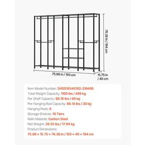 Perchero de Ropa Resistente y Ajustable para Armario, con Capacidad de Carga de 1100 Libras, 4 Barras para Colgar, Estructura de Acero, Modelo D0100X30198 - Product Image 3