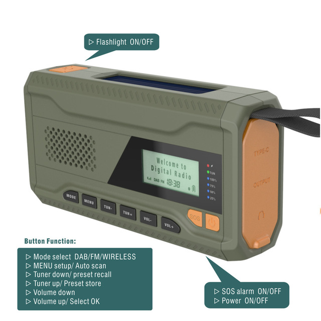 Outdoor Hand-cranked Solar-powered Emergency Radio, AM/FM/DAB Radio, 4500mAh Capacity.