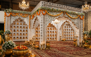 Mandap con temática de espejos en tendencia para bodas fusionales, decoración de mandap con espejos estilo Mehrab de primera calidad, conjunto de telón de fondo de escenario para bodas de alta gama - Product Image 6