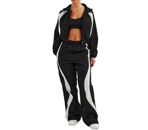Women's Black <b>White</b> Color Blocked Sporty <b>2</b> <b>Piece</b> Tracksuit <b>Set</b> Full Sleeve Loose Fit Zipper Drawstring Pants All Seasons Wear - Product Image 3