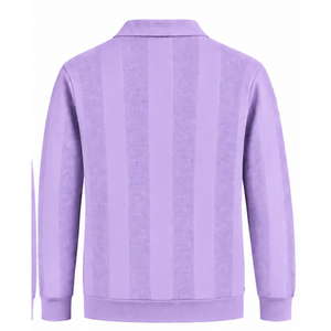 Lavender <b>Purple</b> Mens <b>Long</b> <b>Sleeve</b> Knitted Polo Shirt Textured Stripe Design Ribbed Hem Collar Casual Premium Pullover Fashion <b>Top</b> - Product Image 2