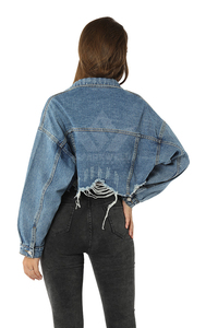 Women's Light Blue <b>Cropped</b> <b>Denim</b> <b>Jacket</b> Raw Hem Button Closure Long Sleeve Oversized Casual Fashion Jean <b>Jacket</b> Spring Autumn We - Product Image 6
