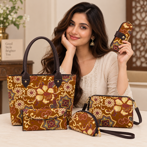 Ensemble de sacs fourre-tout pliables en coton réutilisables, écologiques, à motifs floraux bohèmes, avec pochettes et portefeuille assortis pour un usage quotidien - Product Image 2