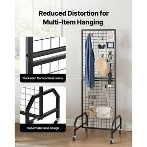 1.9 X 5.4 ft Black Carbon Steel <b>Wire</b> <b>Grid</b> Wall Panel Movable Art Display Rack with 10 Hooks and Shelf Wheels for Display Racks - Product Image 2