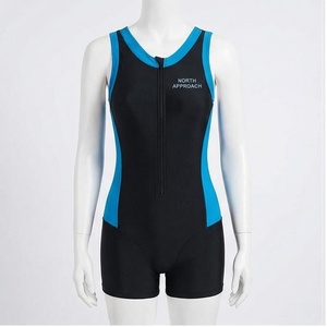 North Approach Women's One Piece Swim Suit With Zipper Front Blue Contrast Binding Quick Dry Spandex Nylon Shorts Bottom - Product Image 1