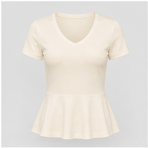 <b>Womens</b> Ivory <b>V</b> <b>Neck</b> Short Sleeve Fitted Peplum <b>T</b> <b>Shirt</b> WTS-0081 - Product Image 1