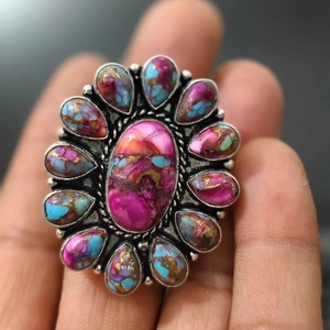 Bague bohème à grappe de fleurs en pierres précieuses avec pierres précieuses d'huître épineuse rose, plaqué argent sterling 925, bijoux unisexe, cadeau de mariage - Product Image 2