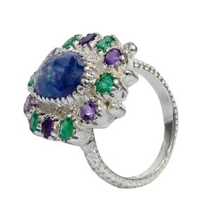 Anillo Gemvanity SR1468 Chapado en Oro, Estilo Budista Tibetano de Lujo Clásico, con Corte Brillante de Cianita, Esmeralda y Amatista - Product Image 1
