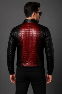 Veste en cuir pour homme à motif crocodile, rouge et noir, col chemise, coupe ajustée, en cuir véritable, vente en gros, OEM personnalisé - Product Image 5