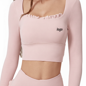 Ensemble de yoga rose à volants avec logo personnalisé pour femme, haut court à manches longues, tenue de sport et de fitness - Product Image 5