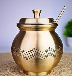 Exquisite hammered brass ghee <b>pot</b> set for ghee or oil storage, it includes a matching spoon. available at wholesale price - Product Image 4