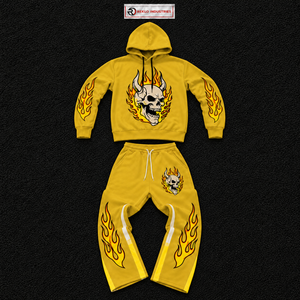 Conjunto de chándal Gold Flame Skull para hombre, con sudadera con capucha y pantalones jogger, estilo streetwear gráfico, estampado gótico de esqueleto en fuego, chándales con capucha ajustables - Product Image 5