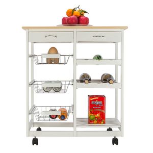 Carrello da Cucina Moderno Bianco YJ con Spedizione Gratuita, Design in Ferro Mobile, Due Cassetti, Due Portabottiglie, Tre Cestelli - Product Image 1