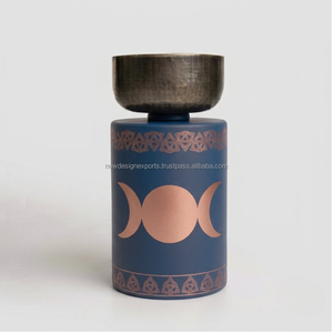Brûleur d'encens cylindrique moderne bleu turquoise mat, chauffe-cire pour bougies chauffe-plat, coupelle en métal gris bronze, cadeaux parfumés pour autels, faible MOQ - Product Image 5