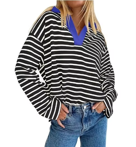 Sweat-shirt à manches longues rayé col en V respirant et écologique pour femme, avec appliqué tissé, style polo de rugby, coupe ample, haut tendance - Product Image 4